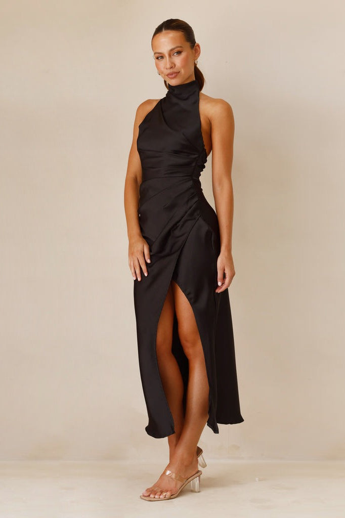 Sexy Halter Slim Solid Color Slit Sleeveless Maxi Cocktail Dress