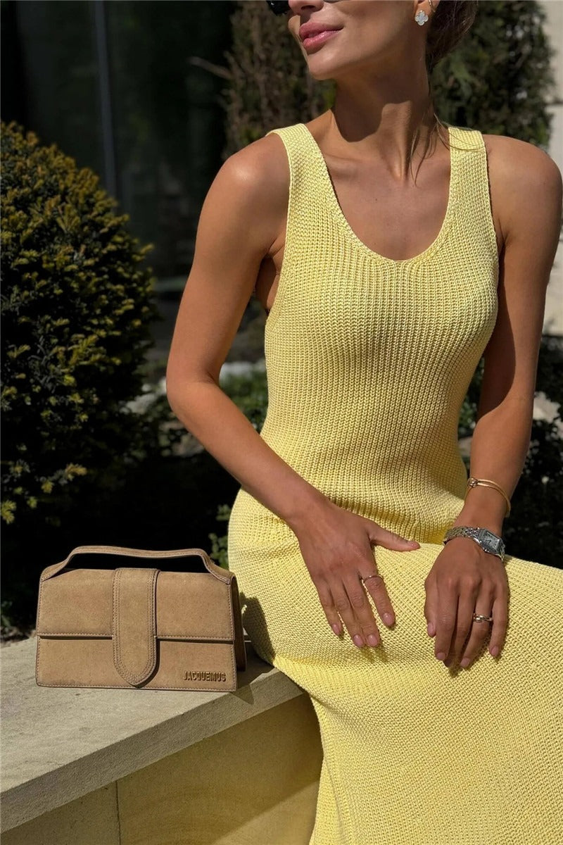 Solid Color Street Style Sleeveless Maxi Knit Elegant Summer Sweater Dress