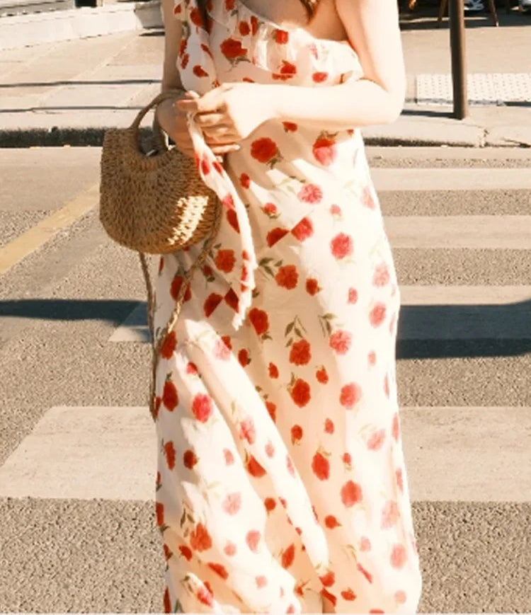 Ribbon Rose Print Zipper Floral Dress