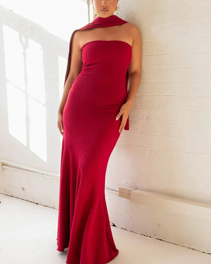 Scarf Strapless Pleated Maxi Dress