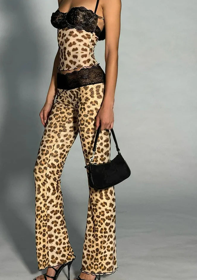 Mesh Leopard Crop Pants Knit Set