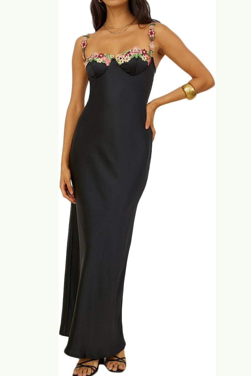 Sexy Bodycon Backless Satin Lace-Trim Cami Maxi Silk Dress