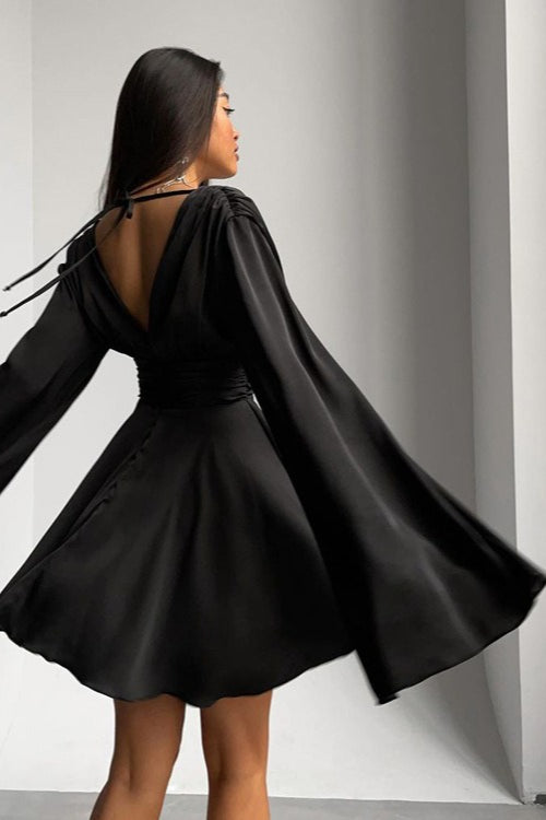 Satin Deep V Backless Flare-Sleeve Silk Dress