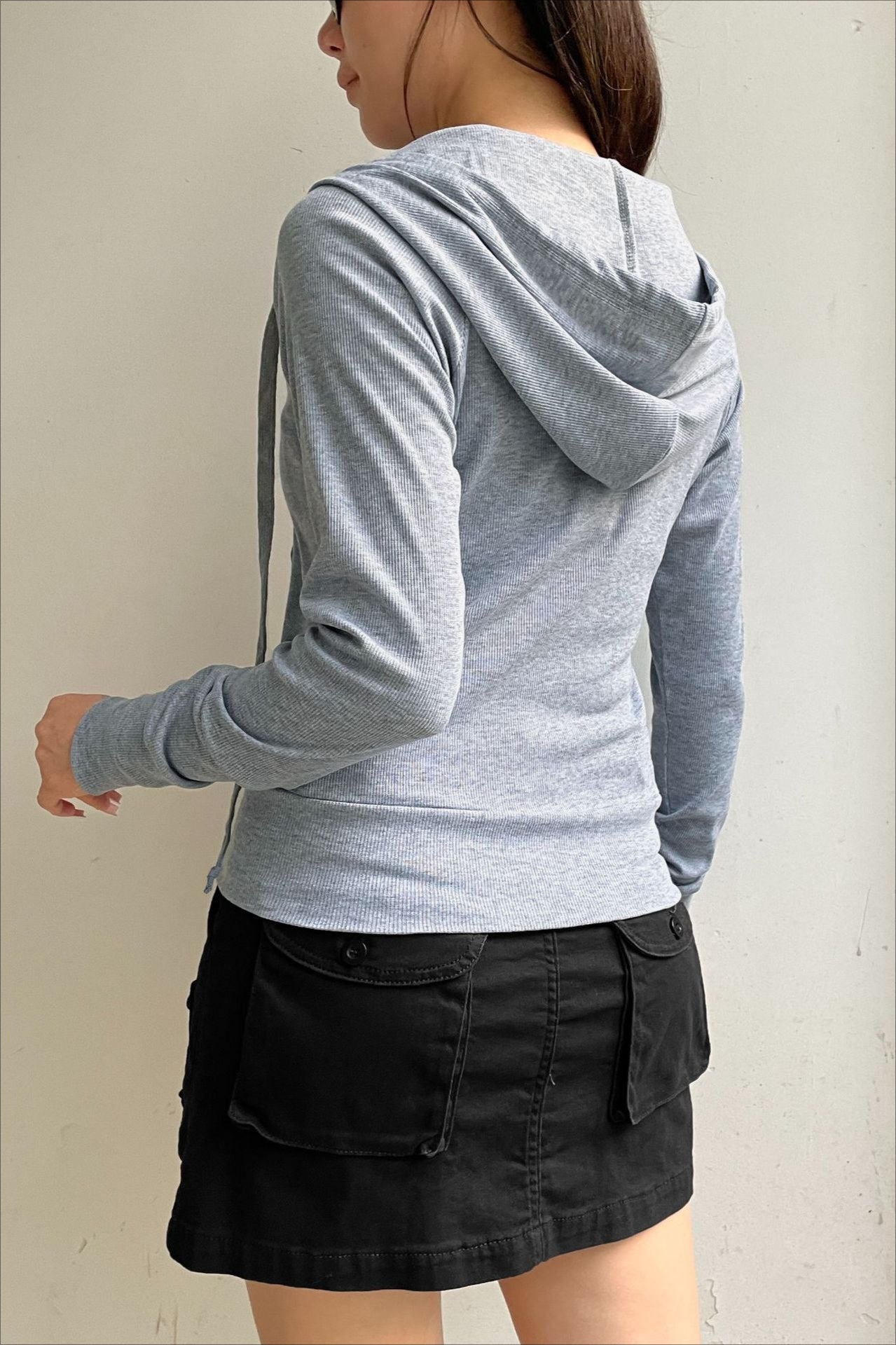 Gray Hooded Zip-Up Cropped Hoodie