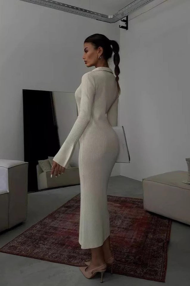 Collar Button Down Knit Fitted Bodycon Split Long Sweater Dress