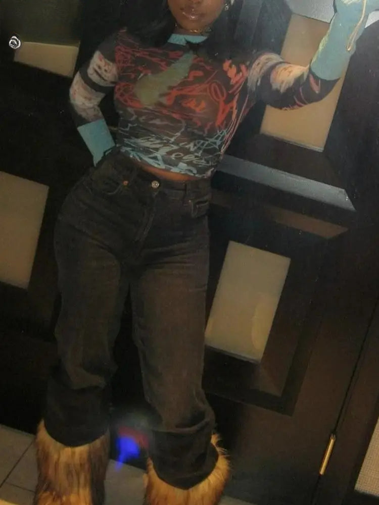 Print Mesh Long Sleeve Sheer Top