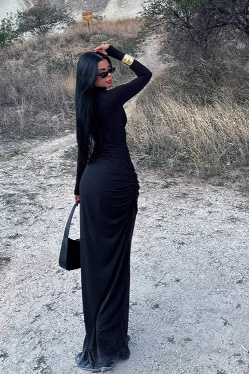 Ruched Mock Neck Long-Sleeve Work Dress