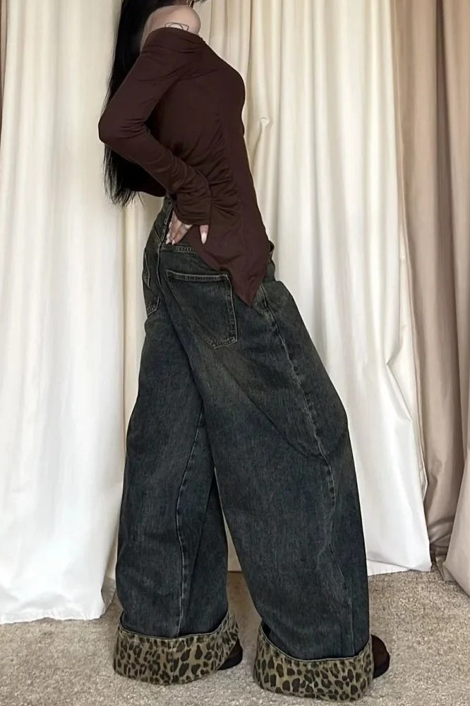 Retro Leopard Print Wide Leg Jeans