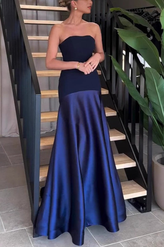 Sexy Strapless Satin Sleeveless Paneled Solid Formal Dress