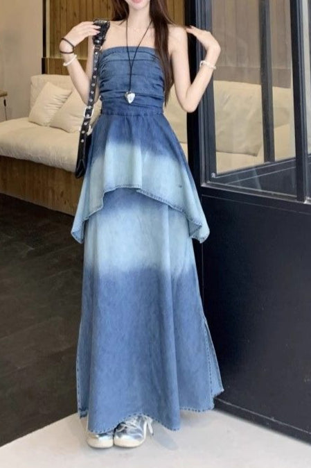 Ombre Strapless Denim Dress