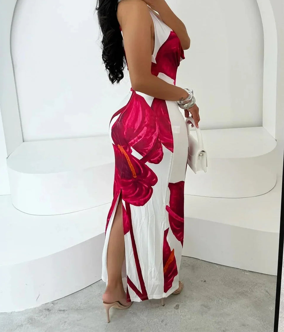 Pile Neck Bodycon Maxi Floral Dress