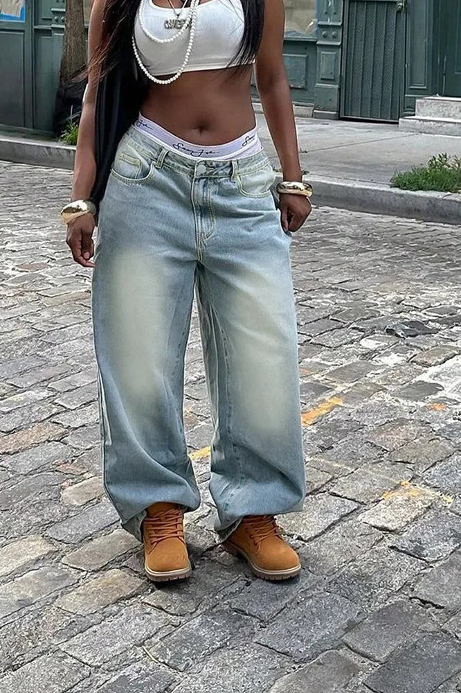 Vintage Washed Loose Fit High Waist Jeans