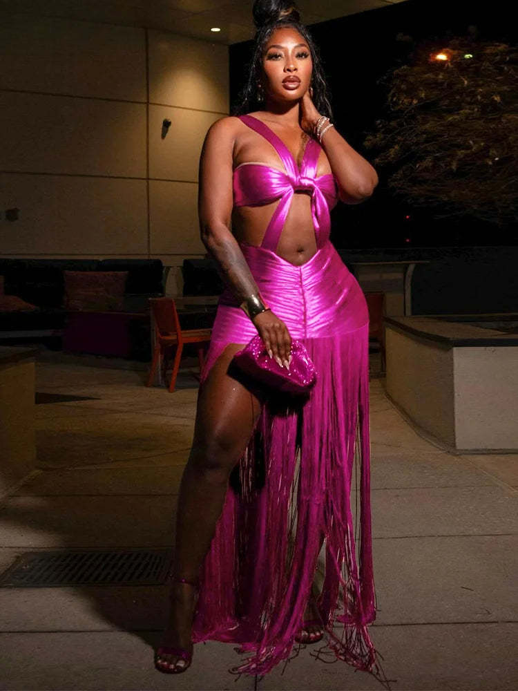 Glossy Pleated Tassel Mini Party Dress