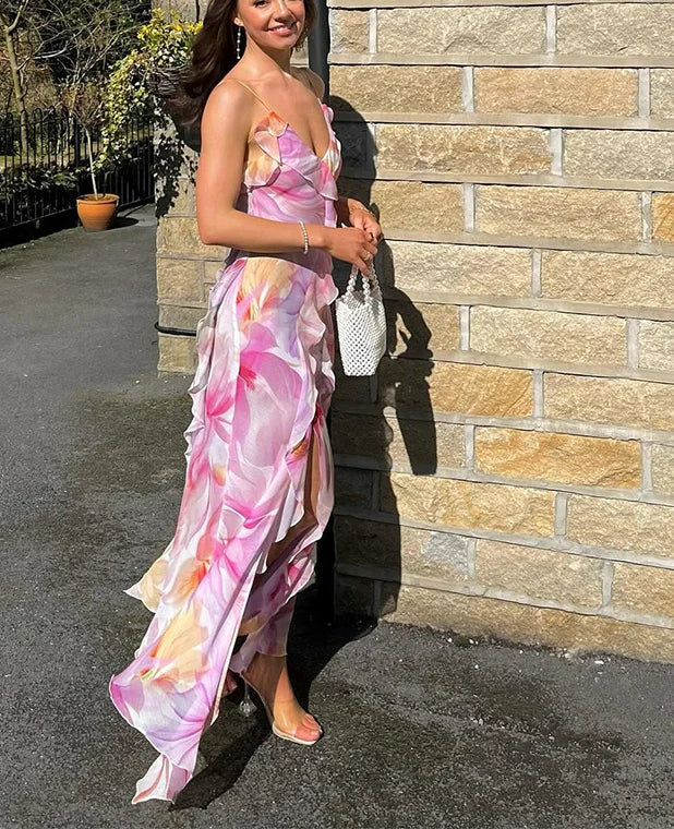 Strapless Split Tassel Floral Dress