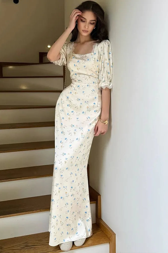 Satin Puff Sleeve Floral Dress