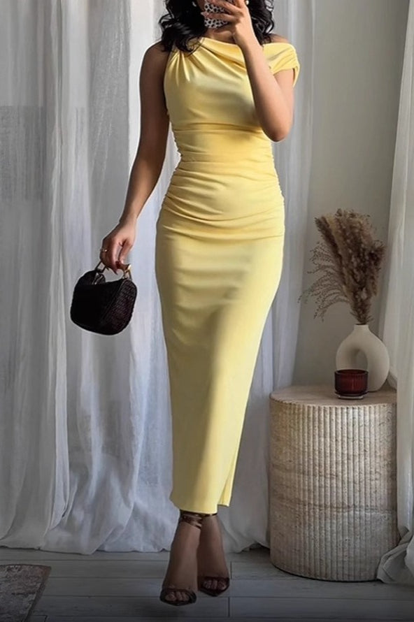Sexy Asymmetrical Shoulder Ruched Sleeveless Bodycon Formal Dress