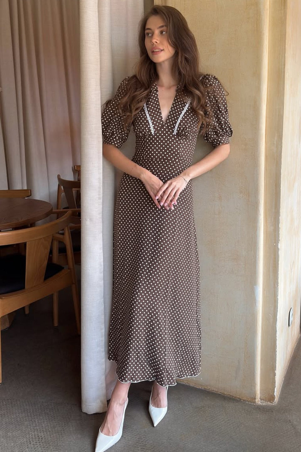 Polka Dot V-Neck Puff Sleeve Bodycon Maxi Dress