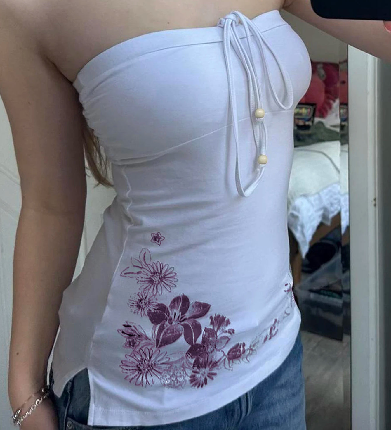 Bow Solid Camisole Floral Print Strapless