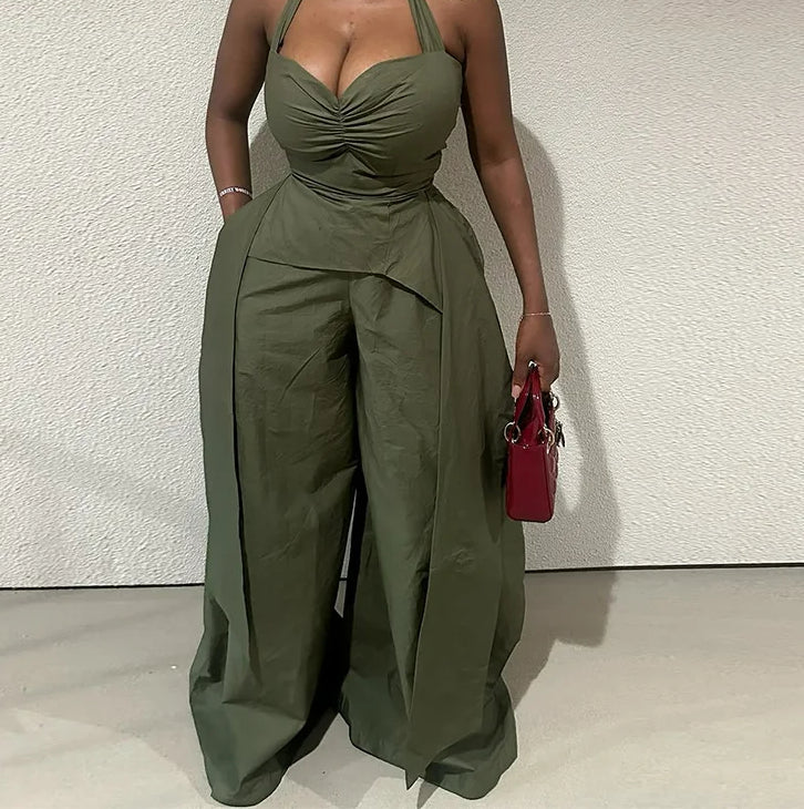 Ruched V Neck Wide Leg Two Piece Pants Set