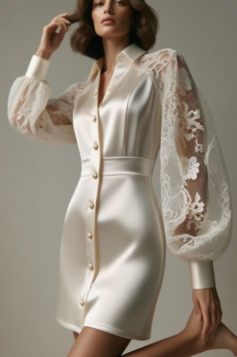 Collared Lace-Satin Waist-Cinched Sexy Shirt Mini Silk Dress