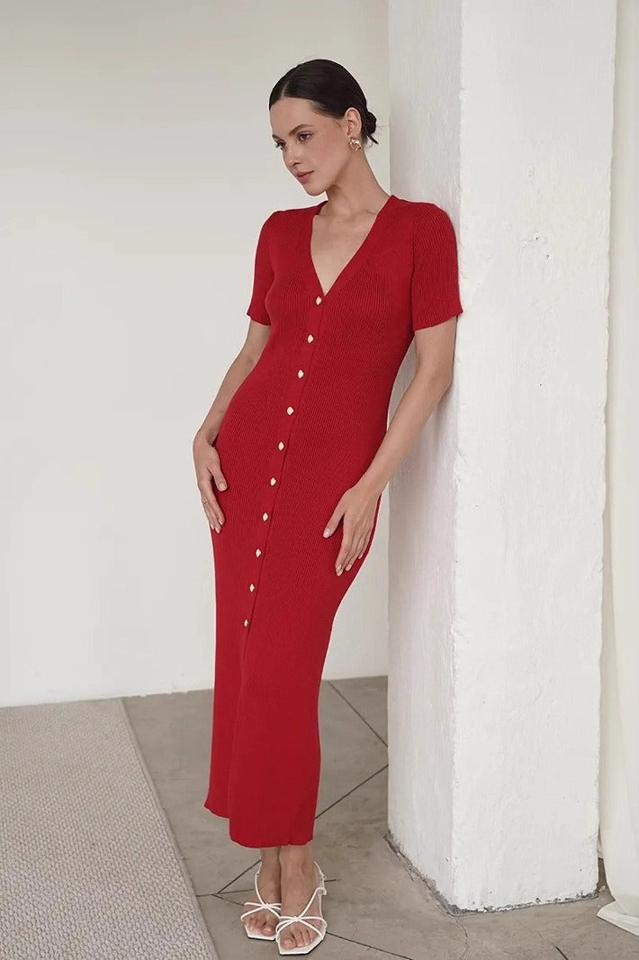 Waist Cinched V Neck Single Breasted Short Sleeve Knit Maxi Sweater Dress