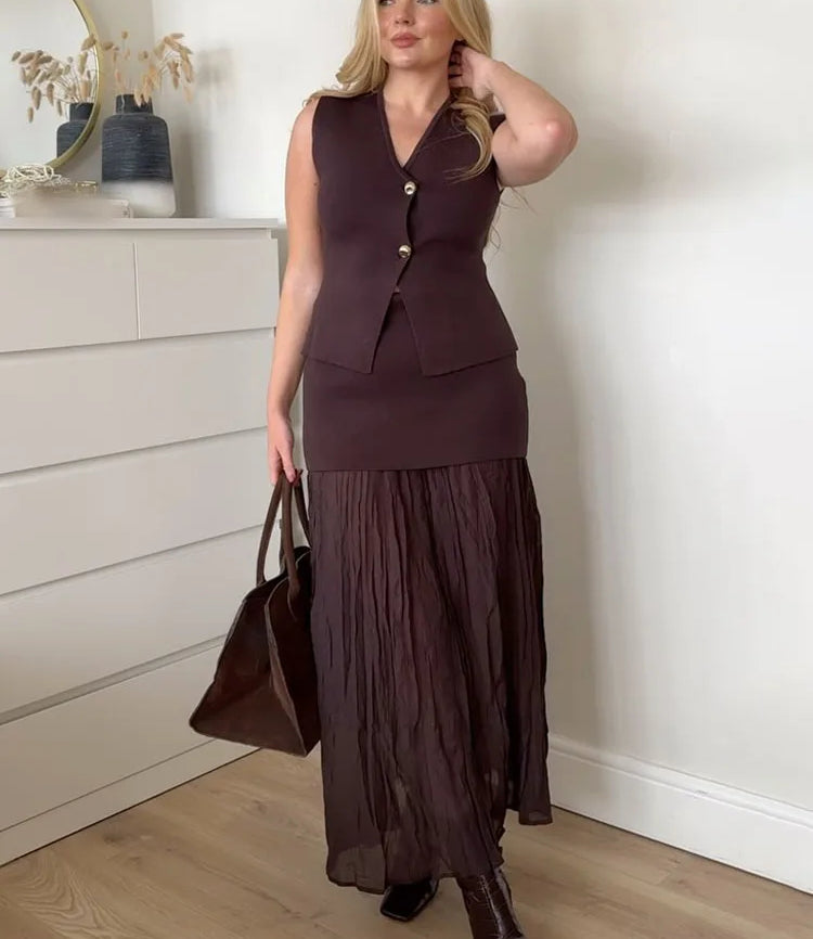 Knitted Splicing Zipper Skirt Suit