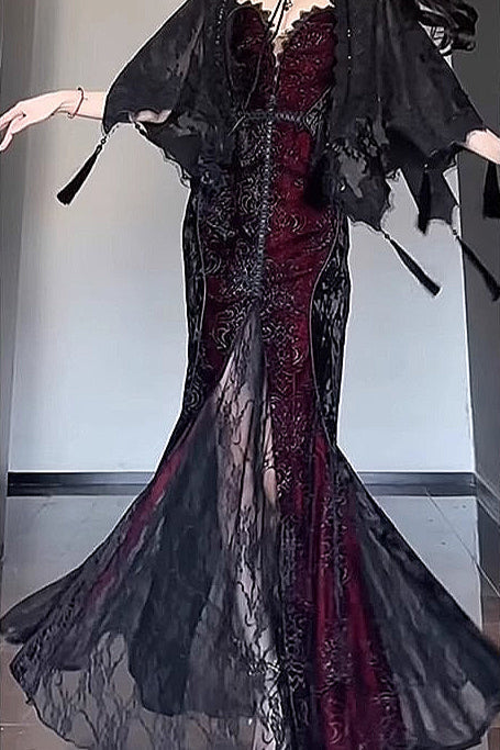 Halloween Gothic Style Dark Shawl Suspenders Tube Top Dress