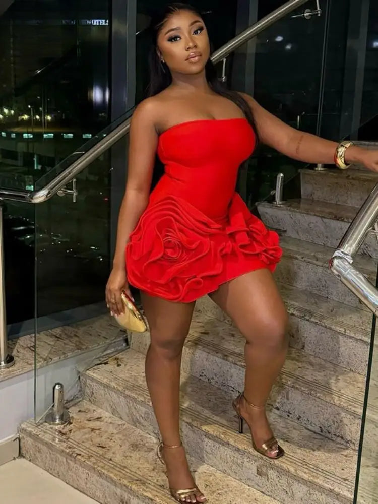 3D Flower Strapless Mini Party Dress