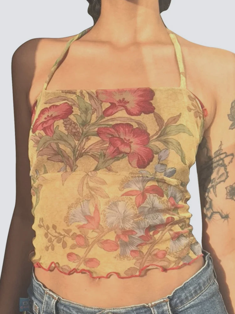 Y2K Mesh Sheer Floral Halter Slim Fit Cami Top