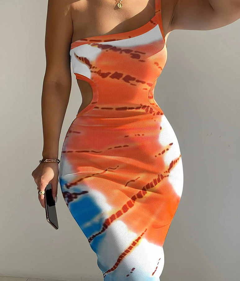 One Shoulder High Slit Floral Dress