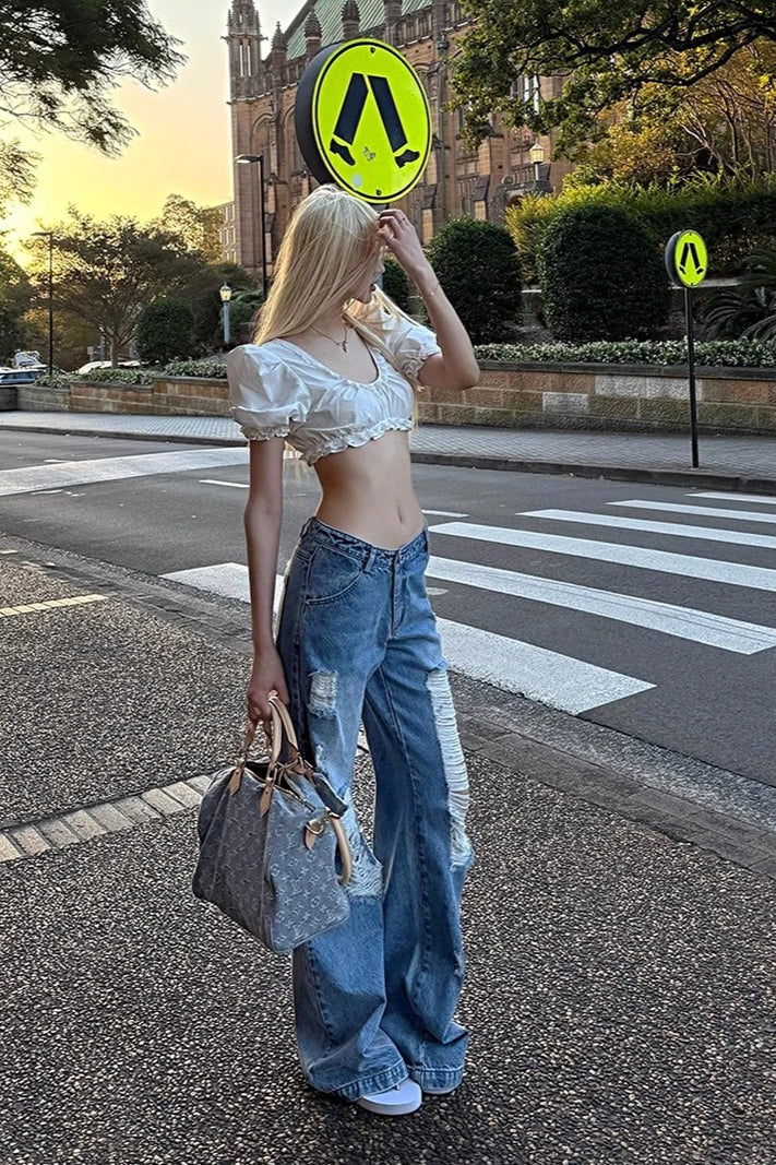 Street Style Ripped Loose Fit Wide-Leg Jeans