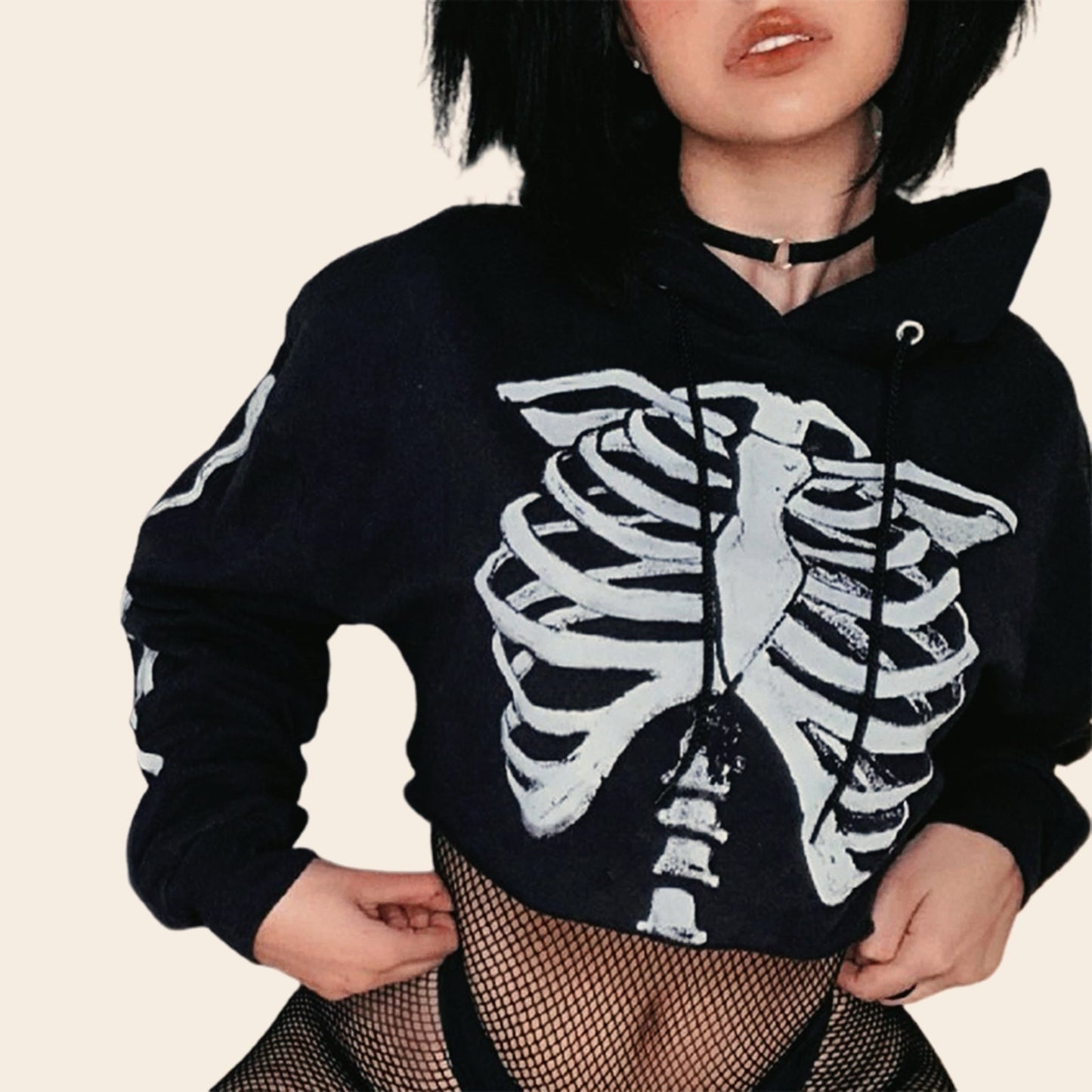 Skeleton Print Cropped Hoodie