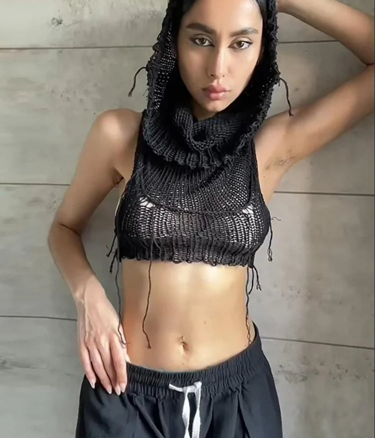 Knit Hooded Solid Crochet Sleeveless Cami Top