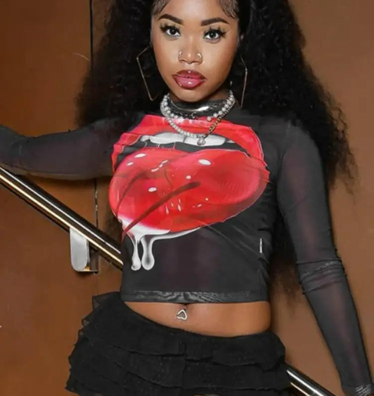 3D Print Mesh O-Neck Long Sleeve Sheer Top