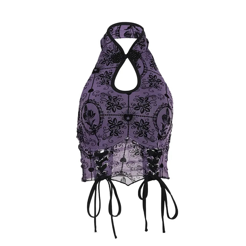 Vintage Elegant Jacquard Bandage Backless Halter Sexy Chic Crop Top