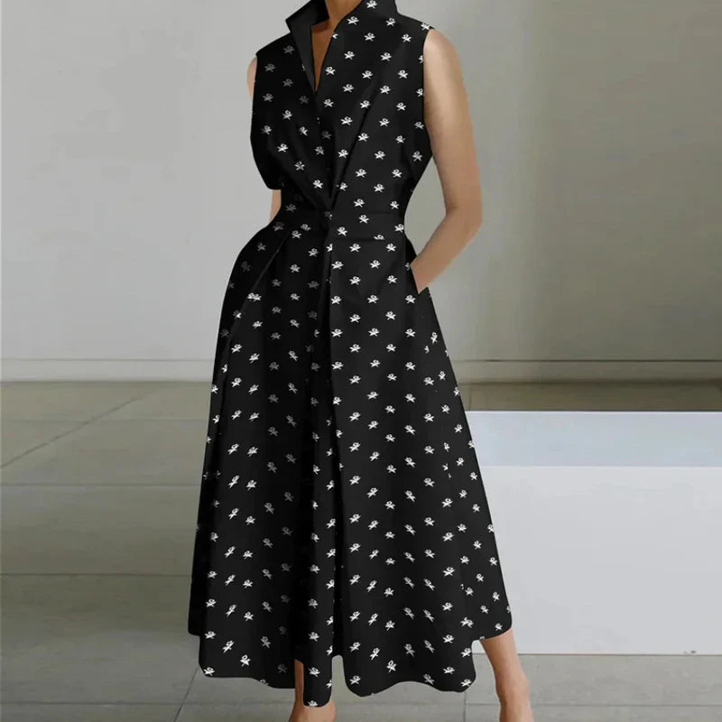 Fashion Casual Turn-down Collar Printed Sleeveless Loose Elegant Slim Fit Midi Dresses
