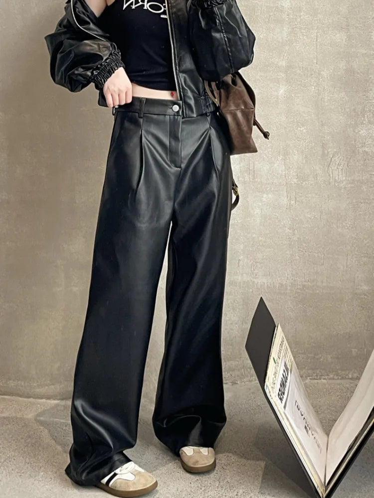 Vintage Brown Pu Leather Y2K Korean Black Wide Leg Oversize Pant