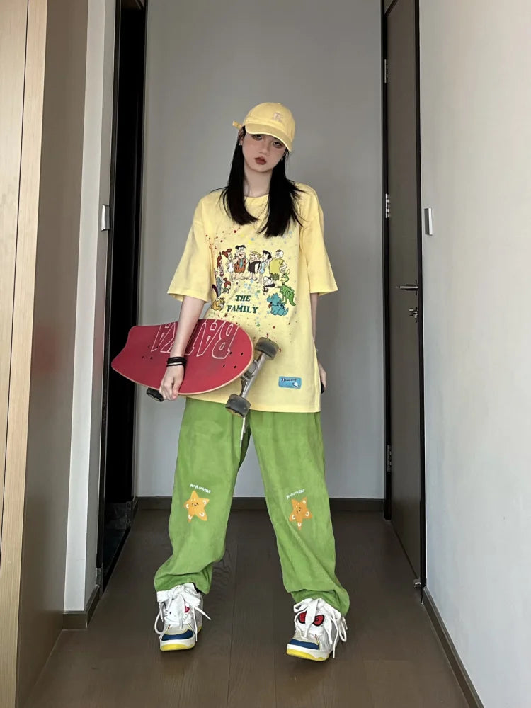 Vintage Hippie Star Print Corduroy Kawaii Green Wide Leg Sweatpants Pant