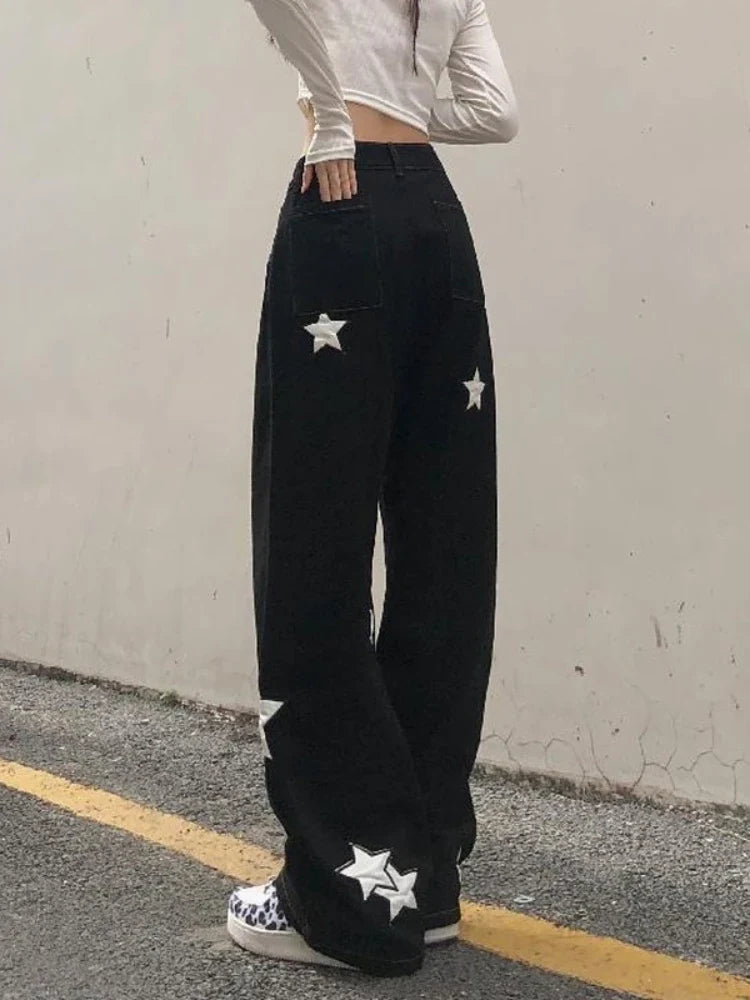Retro Print Black Cargo Women Gothic Punk Oversize Pant
