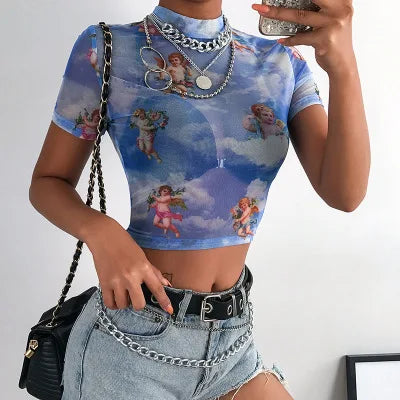 High Neck Angel Cupid Mesh Crop Top