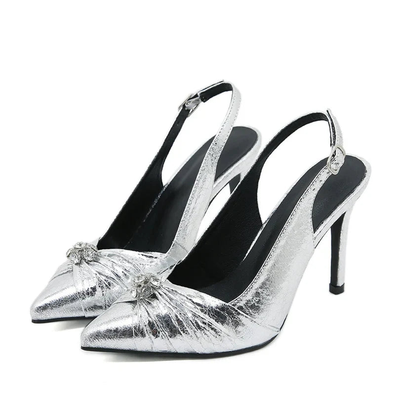 Trendy Spring Pleated Pointed Toe Silver High Heel High Heel