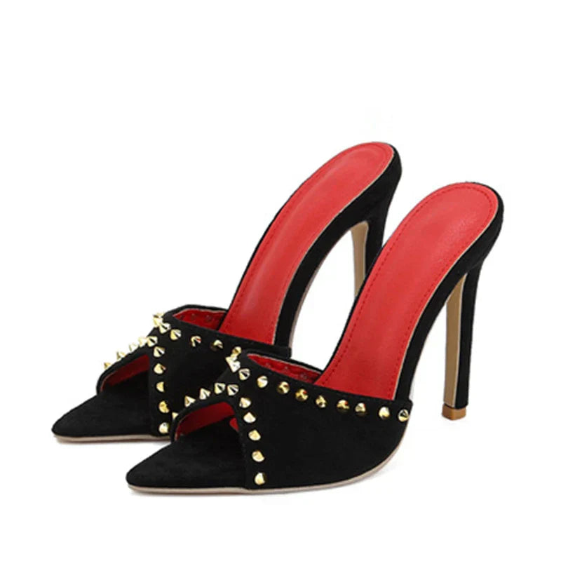 Trendy Summer Fashion Metal Rivet Designer High Heel Mules High Heel