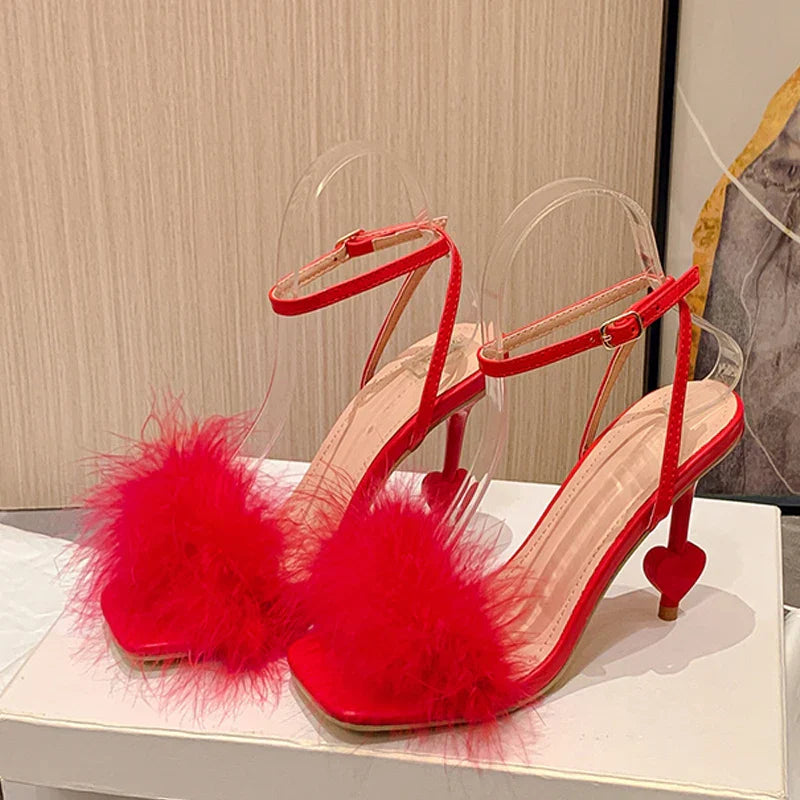 Trendy Big Size Ankle Strap Strange High Heel Fluffy Feather High Heel
