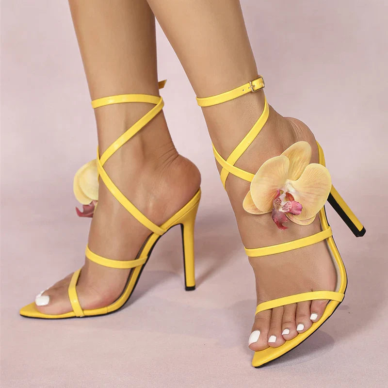 Elegant Women Wedding Fashion Pink Flowers Gladiator High Heel