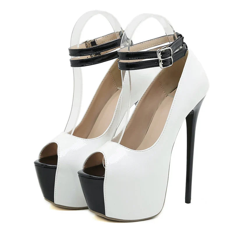 Trendy Double Buckle Strap Platform Peep Toe Super High Heel High Heel