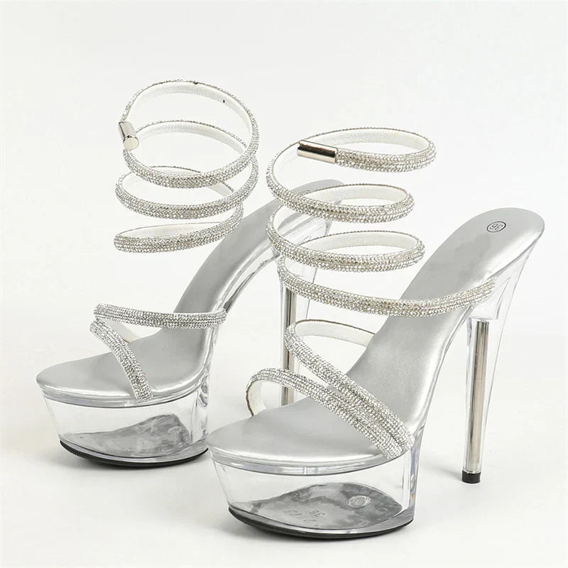 Elegant Rhinestone Ankle Snake Twine Around Platform High Heel