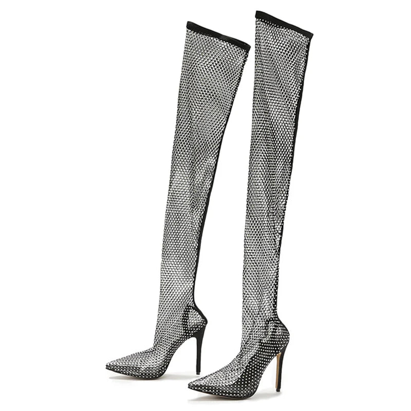 Fashionable Rhinestone Fishnet Mesh Over-The-Knee Pointed Toe High Heel