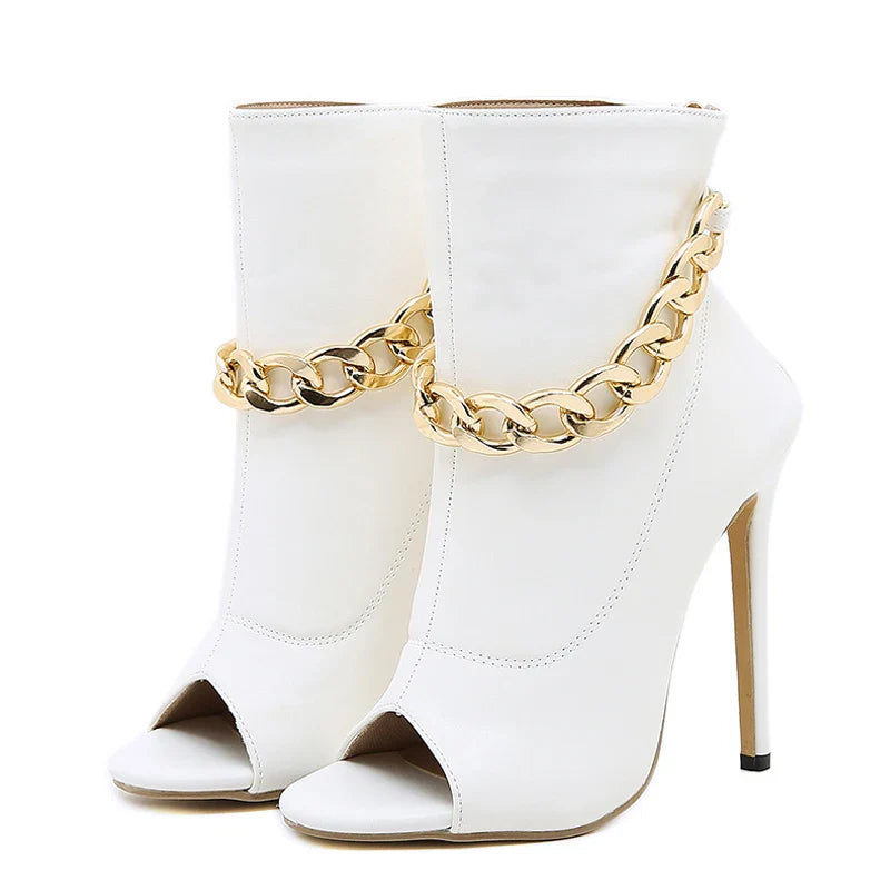 High Quality White Leather Basic Boots Metal Chain Peep Toe High Heel
