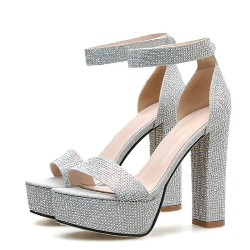 Stylish Silver Rhinestone Platform Open Toe High Heel High Heel