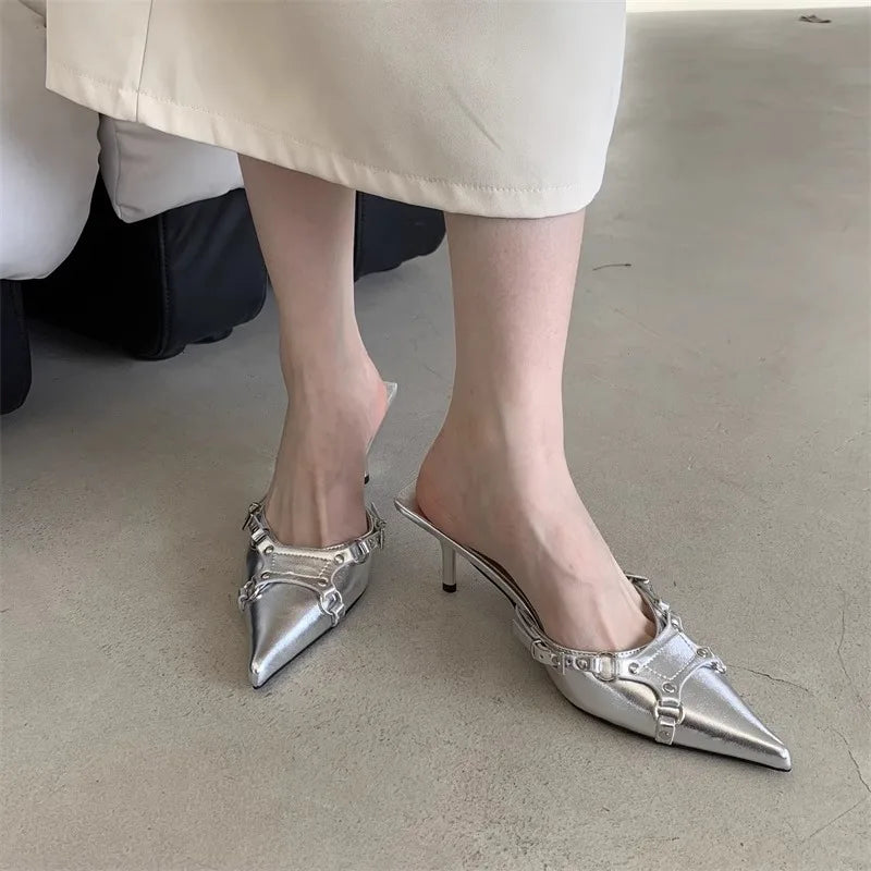 New Outdoor Square Mules Glitter Slides Multicolored Cover Toe High Low Heel Pumps